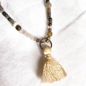 Long Beaded Earthy Tassel Necklace Leather Cord Pendant Neutral Tones